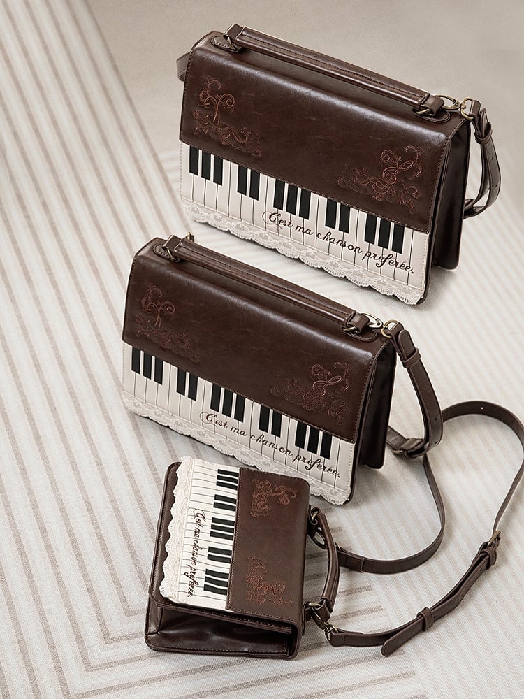 Elegant Midium-Sized Brown Piano-Themed Crossbody & Backpack Briefcase With Embroidered Floral Accents