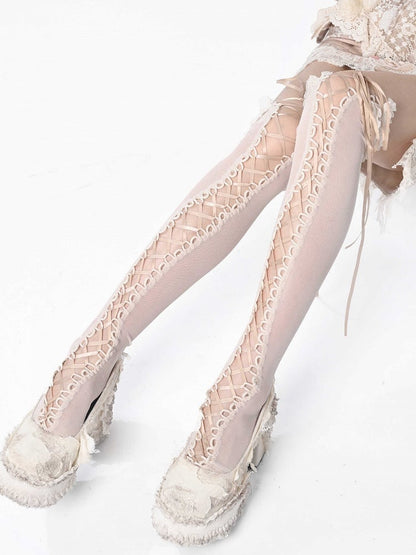 Apricot Lace-up Detail Overknee Stockings