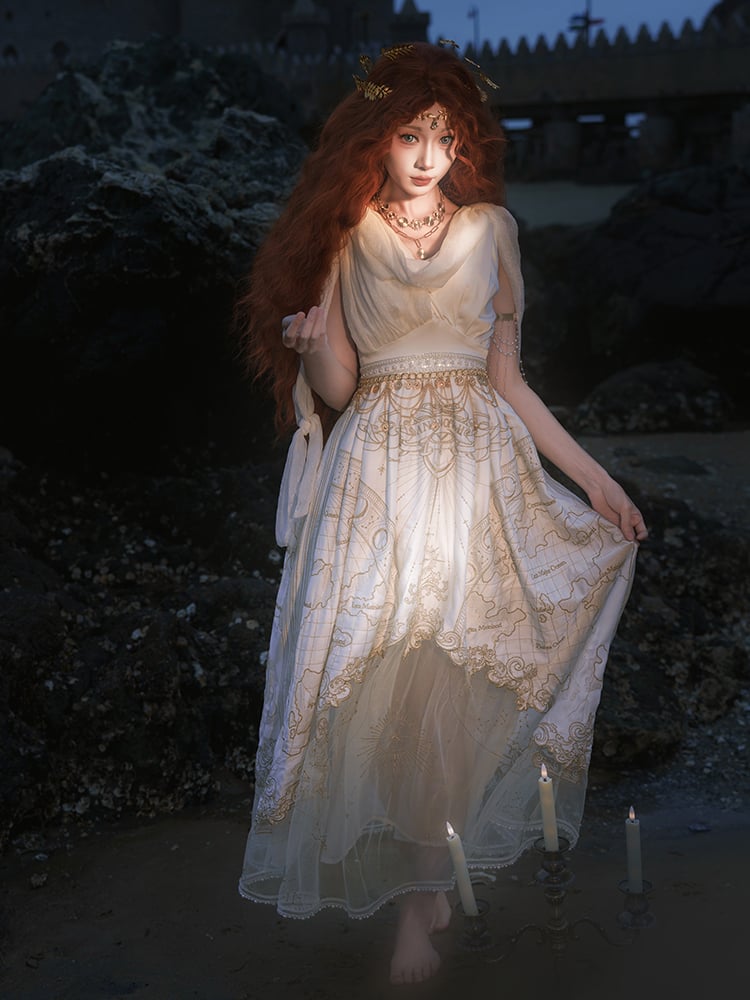 Gold Celestial Map Embroidery White Greek Style Cowl Neckline Jumper Skirt