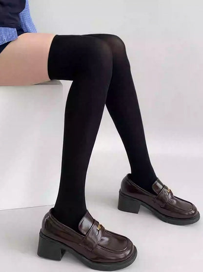 Black/White/Beige/Gray Ribbed Trim Over-knee Sockings