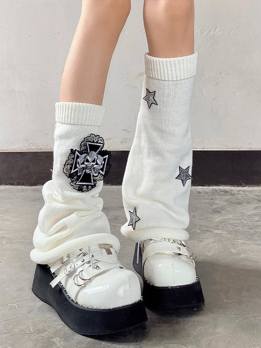 Cross Skulls Sequin Stars Details Leg Warmers Black/Red/White