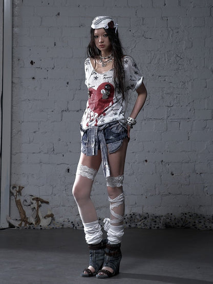 Y2K Blue Low Waist Distressed Holes Punk Bodycon Shorts with Detachable Sleeves