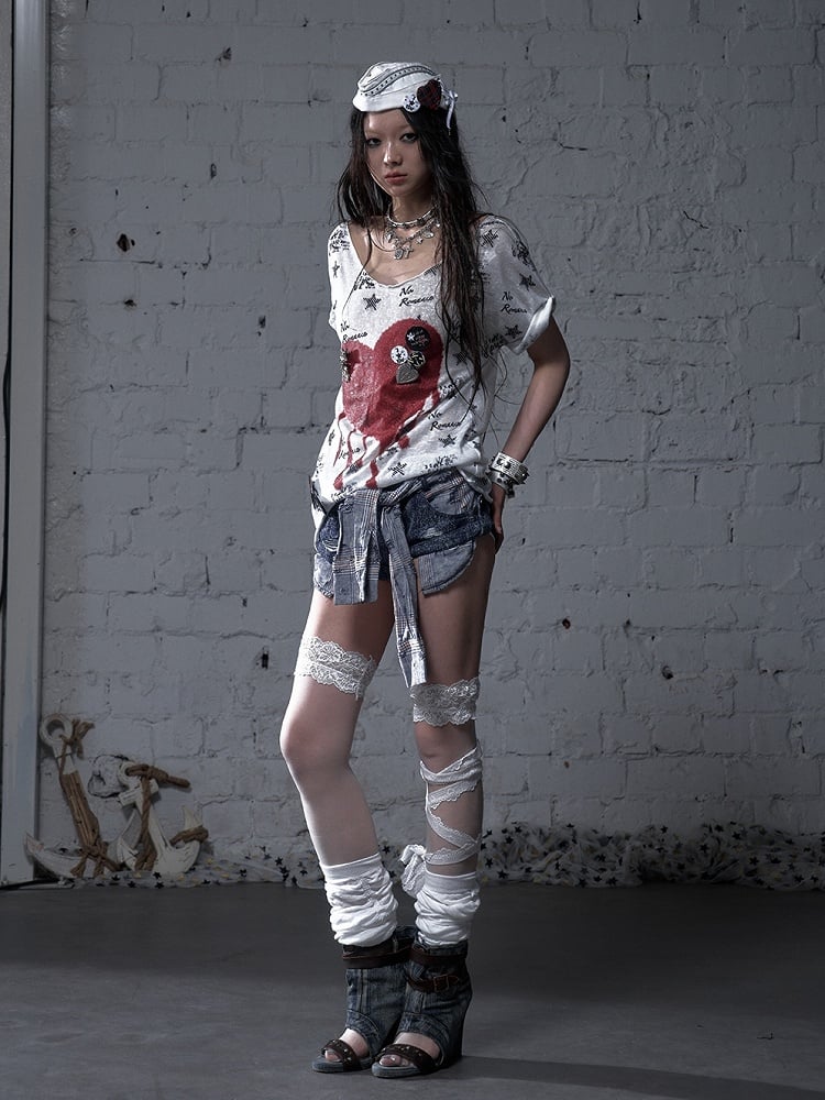 Y2K Blue Low Waist Distressed Holes Punk Bodycon Shorts with Detachable Sleeves