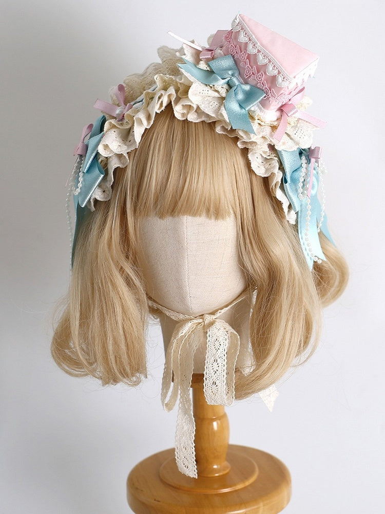 Pink&Blue Sweet Lolita Beaded Decorated Bowknot Details Ruffled Hairband