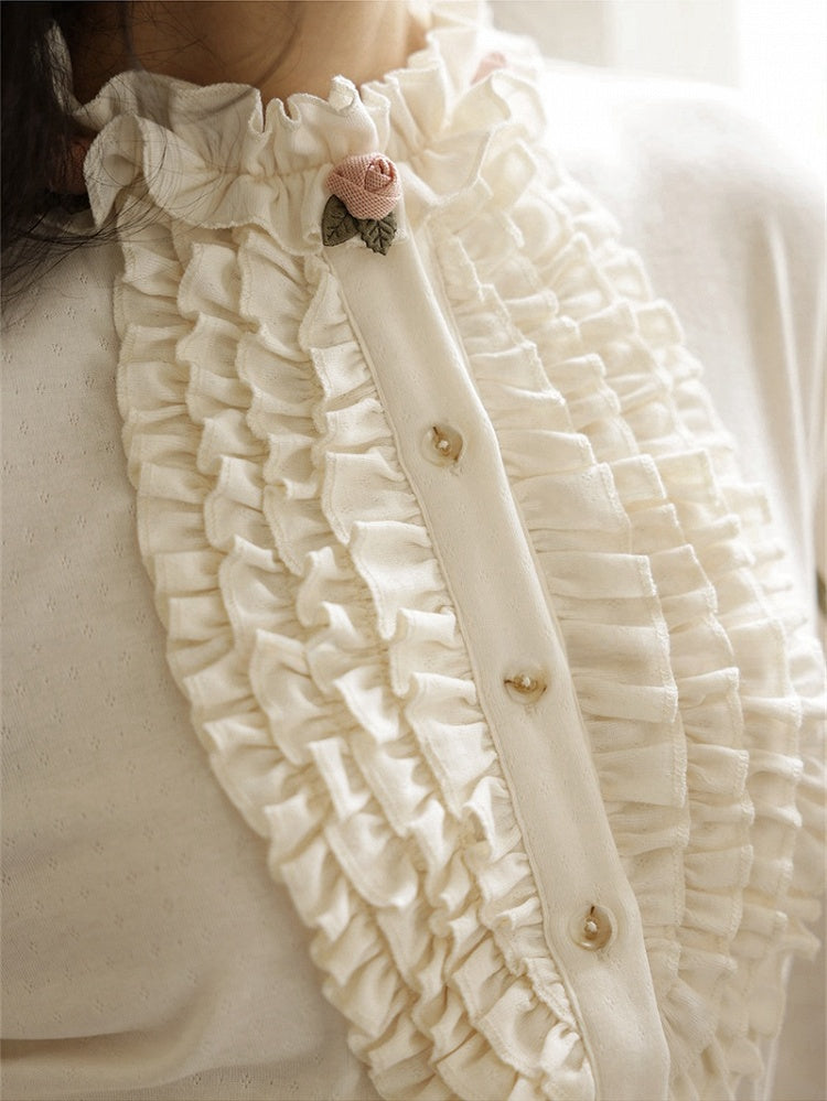 Milk White/Khaki Vintage Floral Ruffled Trim Blouse