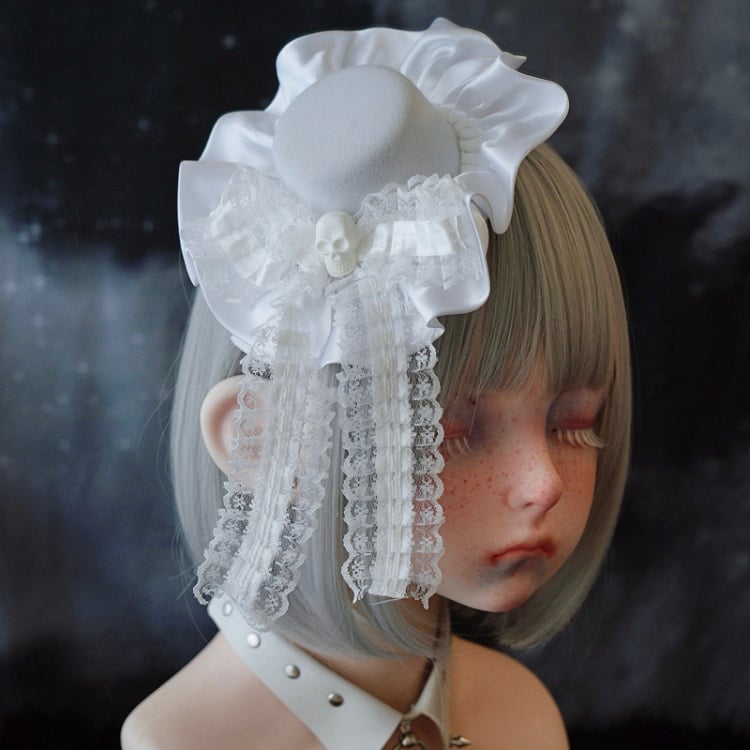 White Gothic Skeleton Lace Bow Ruffle Hem Hat Hairclip