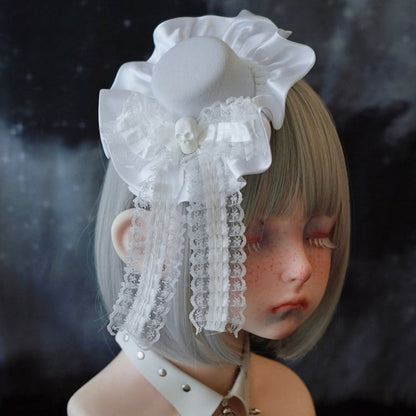 White Gothic Skeleton Lace Bow Ruffle Hem Hat Hairclip