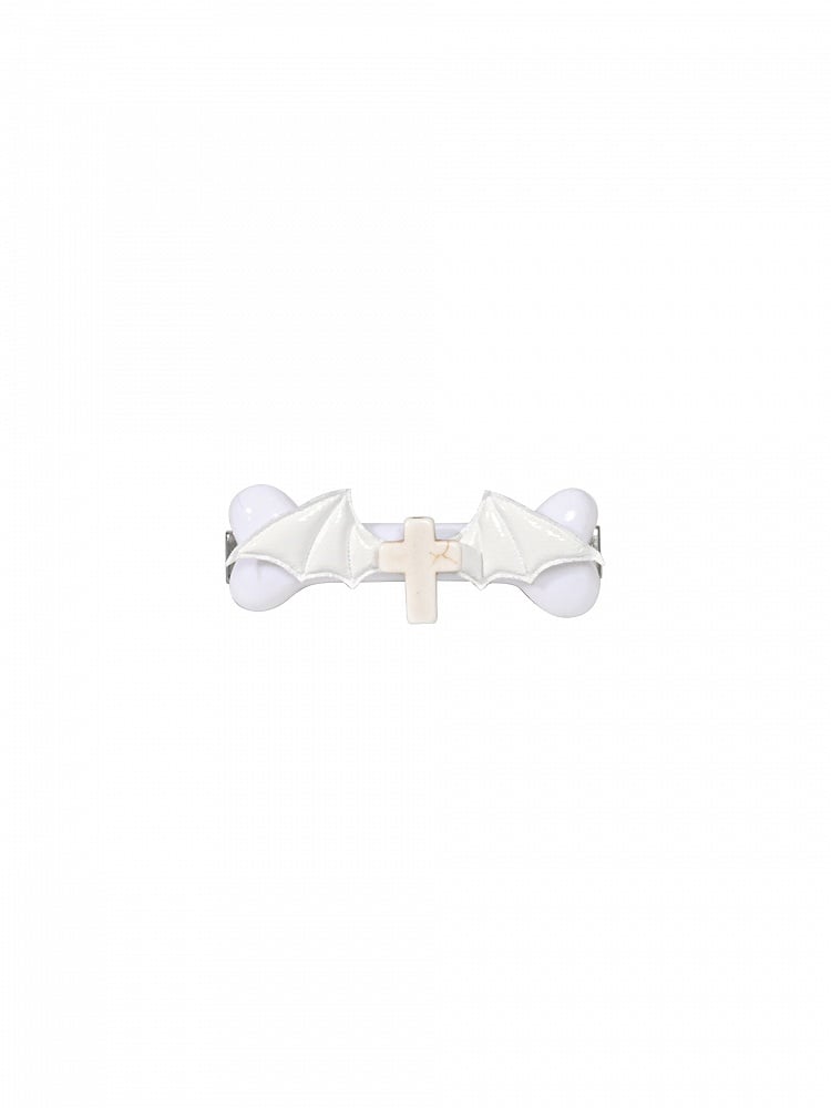 Gothic Punk White Halloween Cross Bone-shaped Hairclip with Bat Wings