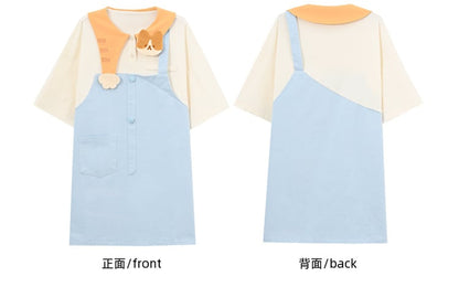 Adorable Kitty Collar Blue and White Colorblock Design Dress Faux Two-pieces