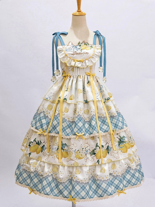 Blue & Yellow Lemon and Rabbit Print Country Lolita Dress with Plaid Pattern and Ruffled Layers