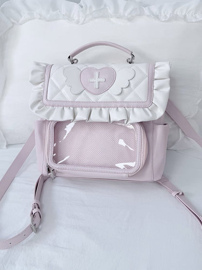 Pink and White Jirai Kei Flip-Flop Style Ita Bag with Heart & Angel Wing Accents