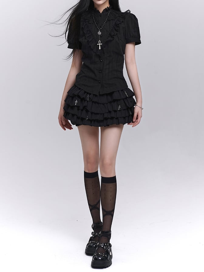 Black Lace Trim Short Sleeves Gothic Blouse