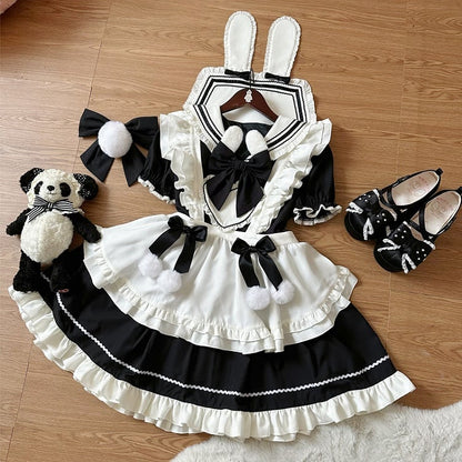 Bunny Ears Sailor Collar Black Short Sleeves Maid Lolita Dress with White Apron