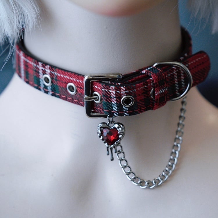 Red&Green Gothic Rhinestone Heart And Chain Pendant Plaid Choker