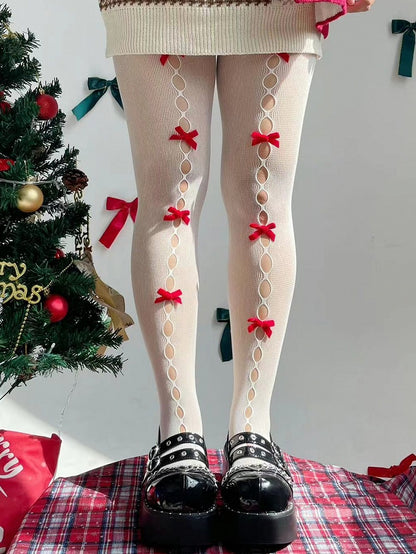 Black/White and Red Bowknots Cutout Tights