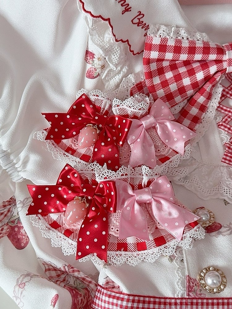 3 Color Options Strawberry Charm Polka-dot Bowknot Details Lace Trim Plaid Pattern Wrist Cuffs