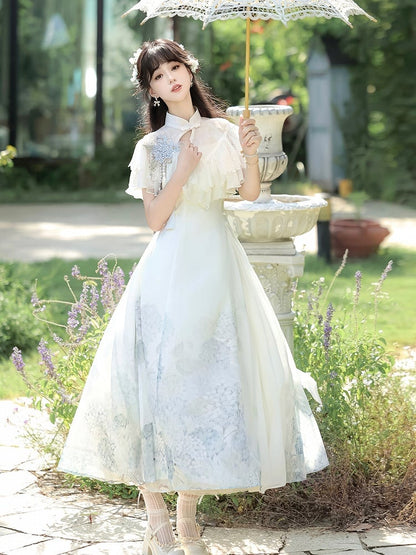 Hydrangea Print White Elegant Classic Lolita Dress with Lace Shawl