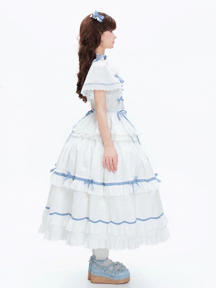 Plus Sizes Available Blue and White Classic Lolita Cotton Dress with Detachable Butterfly Sleeves