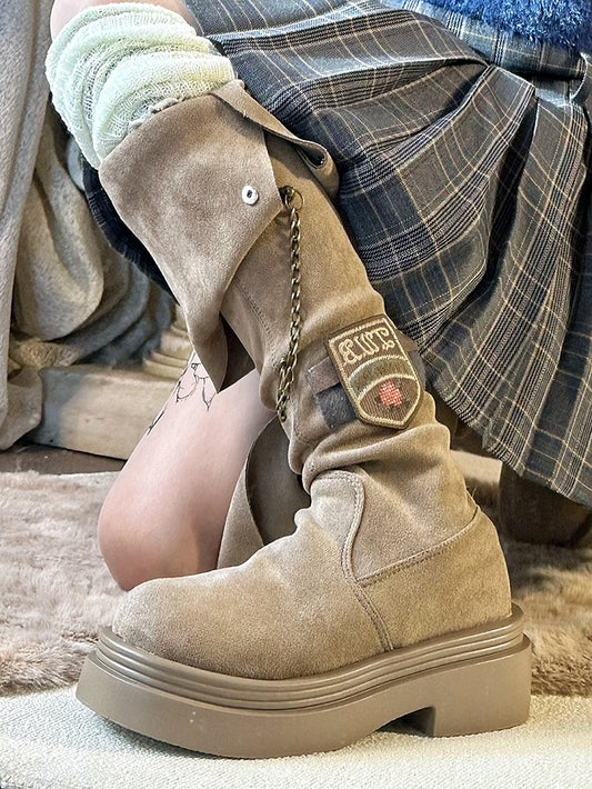 Khaki Chain and Embroidered Badge Platform Boots