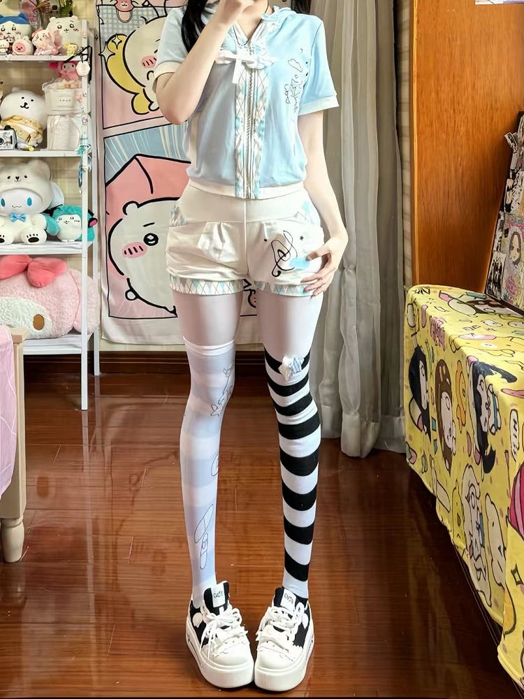 Light Blue Tenshi Kaiwai Cat Print Diamond Pattern Bear Ear Hoodie T-shirt