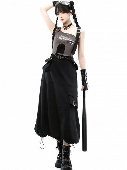 Black Futuristic Techwear Bubble Skirt with Cargo Pockets