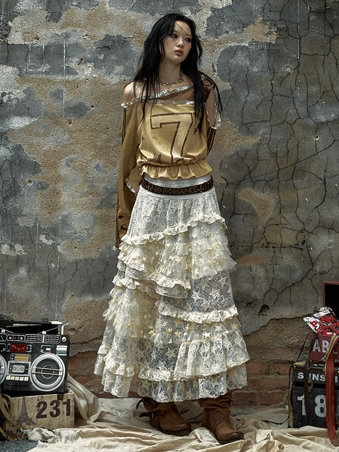 Apricot Vintage High Waist Romantic Stars Pattern Lace Skirt
