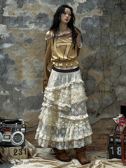 Apricot Vintage High Waist Romantic Stars Pattern Lace Skirt