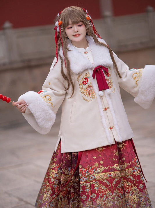 Plus Size New Year White Embroidered Coat with Plush Collar and Cuffs