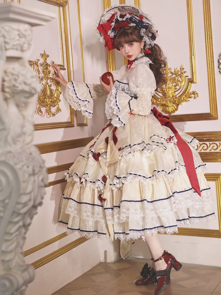 Snow White Vibes Dark Blue and Red Boned Corset Top + Tiered Skirt Gorgeous Hime Lolita Full Set