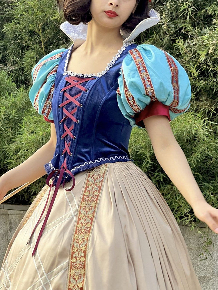 Snow White Full Set- Blue Boned Corset + Golden Skirt + Lace Collar + Red Bow Hairclip