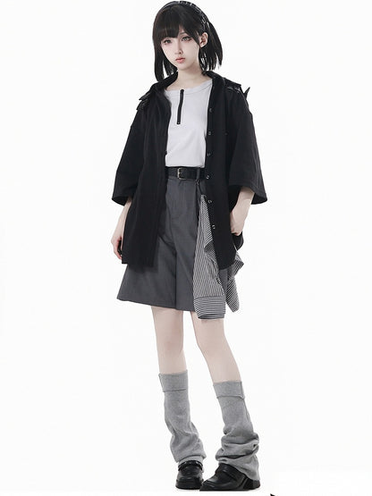 Gray Casual Shorts with Striped Accessory and Buckle Belt