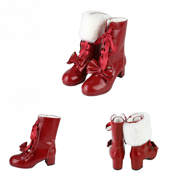 Sweet Red Lolita Boots in PU Leather with Adjustable Lacing & Convertible Plush Collar