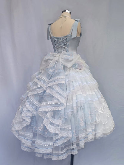 Blue Rosette Embroidery Boned Corset Top Floral and Bead Details