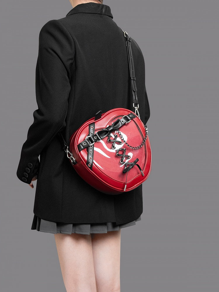 Small Charming Red Apple-Shaped 2-Way Ita Backpack With Black Belt And Bow Accents