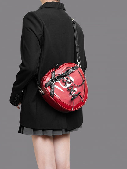 Small Charming Red Apple-Shaped 2-Way Ita Backpack With Black Belt And Bow Accents