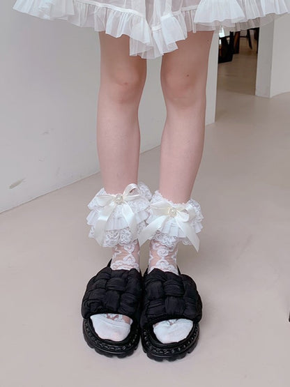 White/Black Bowknot Details Ruffled Cuff Semi-sheer Calf Socks
