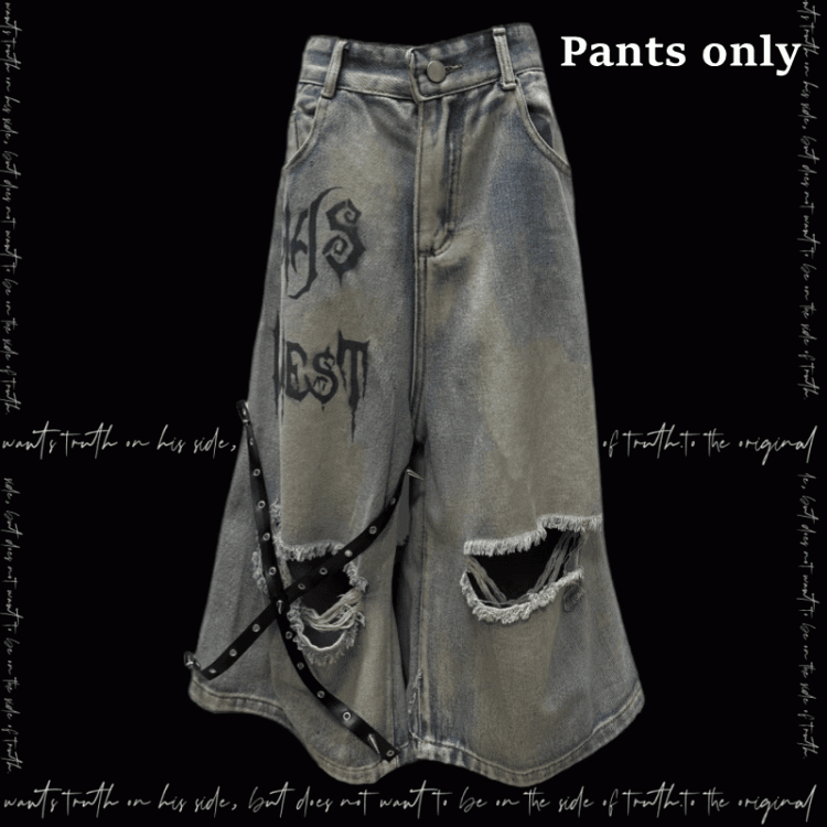 Y2K Blue Criss-cross Straps Design Distressed Holes Punk Jeans