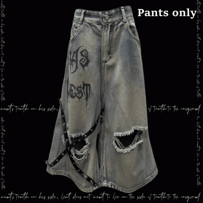 Y2K Blue Criss-cross Straps Design Distressed Holes Punk Jeans