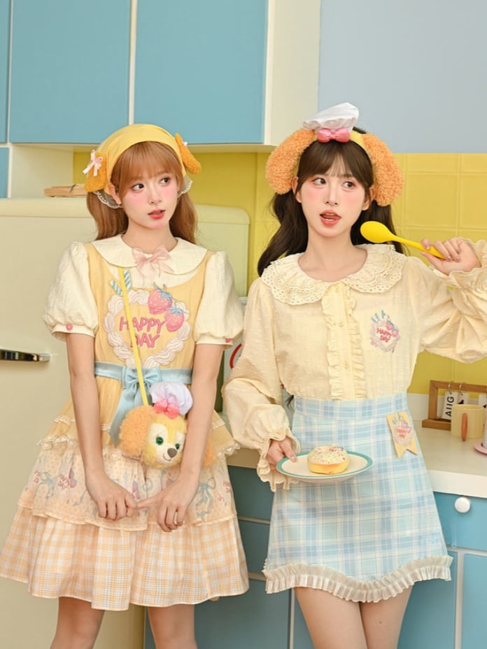 Strawberry Cake Embroidery Big Bow Creamy Yellow Tiered Skirt Sweet Lolita Dress