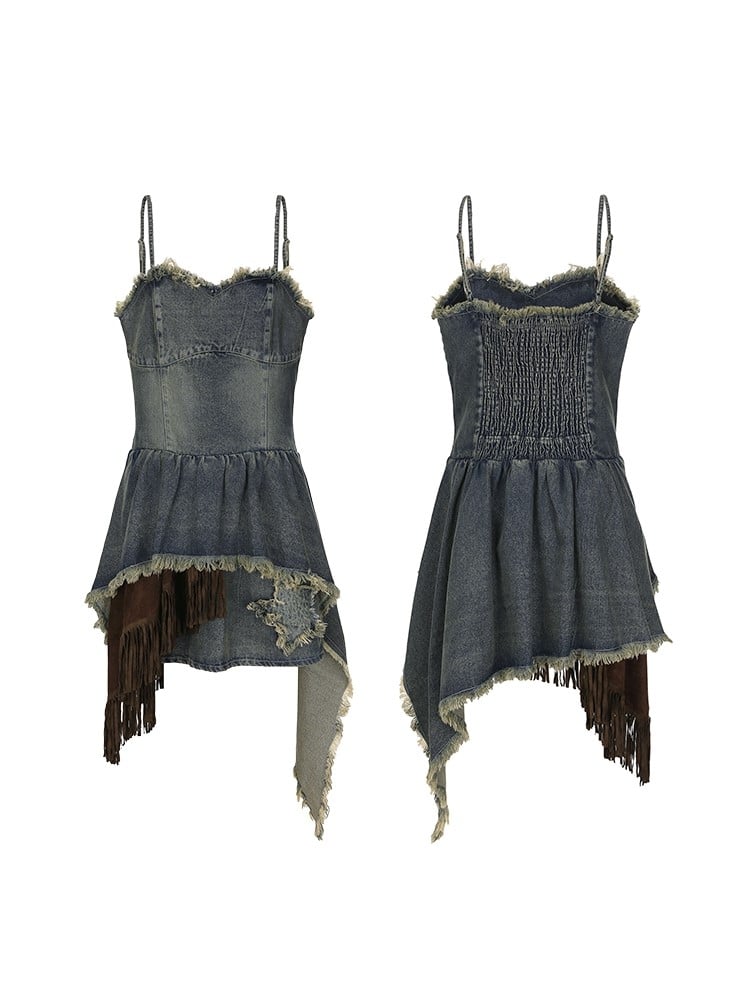 Plus Size Y2K Gray-Blue Distressed Denim Slip Dress with Layered Asymmetrical Hem & Star Patch
