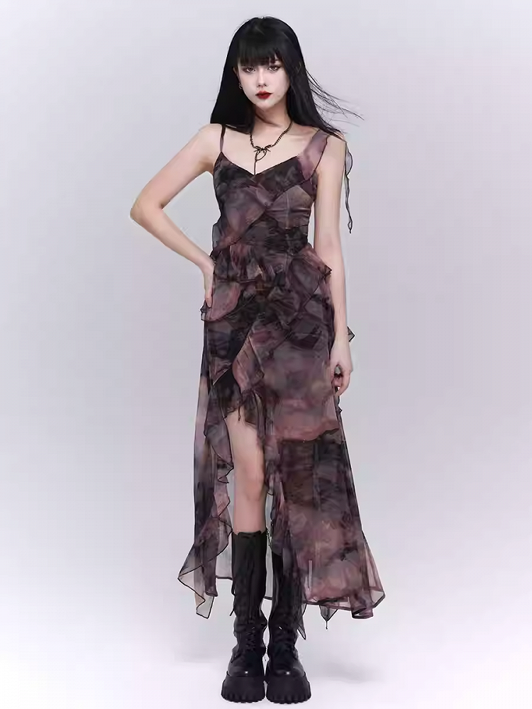 Purple/Dark Gray Butterfly Tie Dye Asymmetrical Flounce Hem Slip Dress