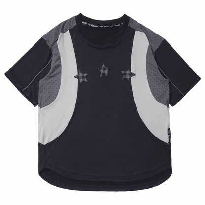 Black/Gray Colorblock Design Plaid Star Appliques Round Neck Sports T-shirt