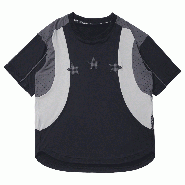 Black/Gray Colorblock Design Plaid Star Appliques Round Neck Sports T-shirt