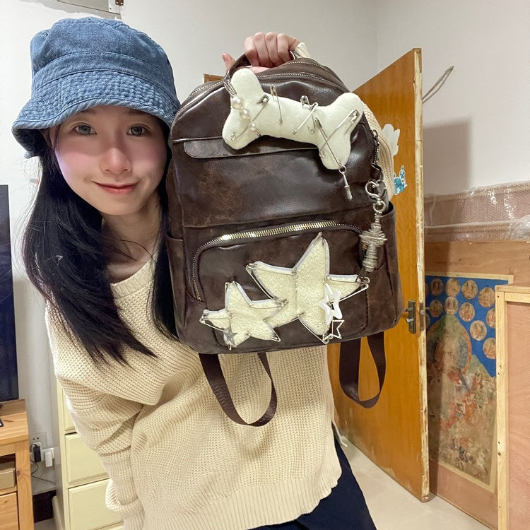 Y2K Coffee Wasteland Punk Backpack | Edgy Star Patch & Pin Design