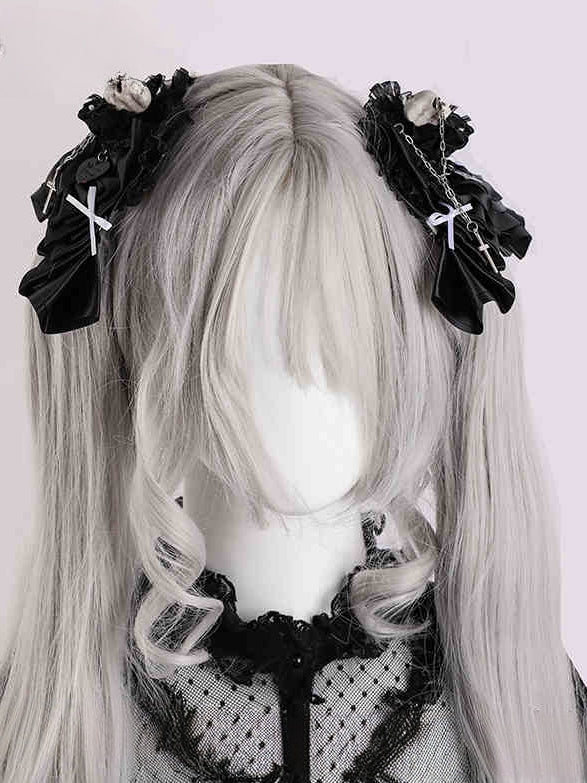 Black Heart Design Gothic Halloween Skeleton Bowknots Hairclips with Cross Chains