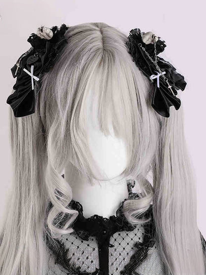 Black Heart Design Gothic Halloween Skeleton Bowknots Hairclips with Cross Chains