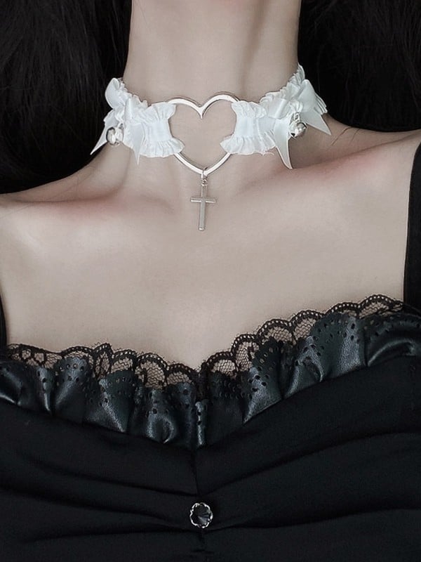 Black/White Punk Cross Pendant Bowknot Details Choker