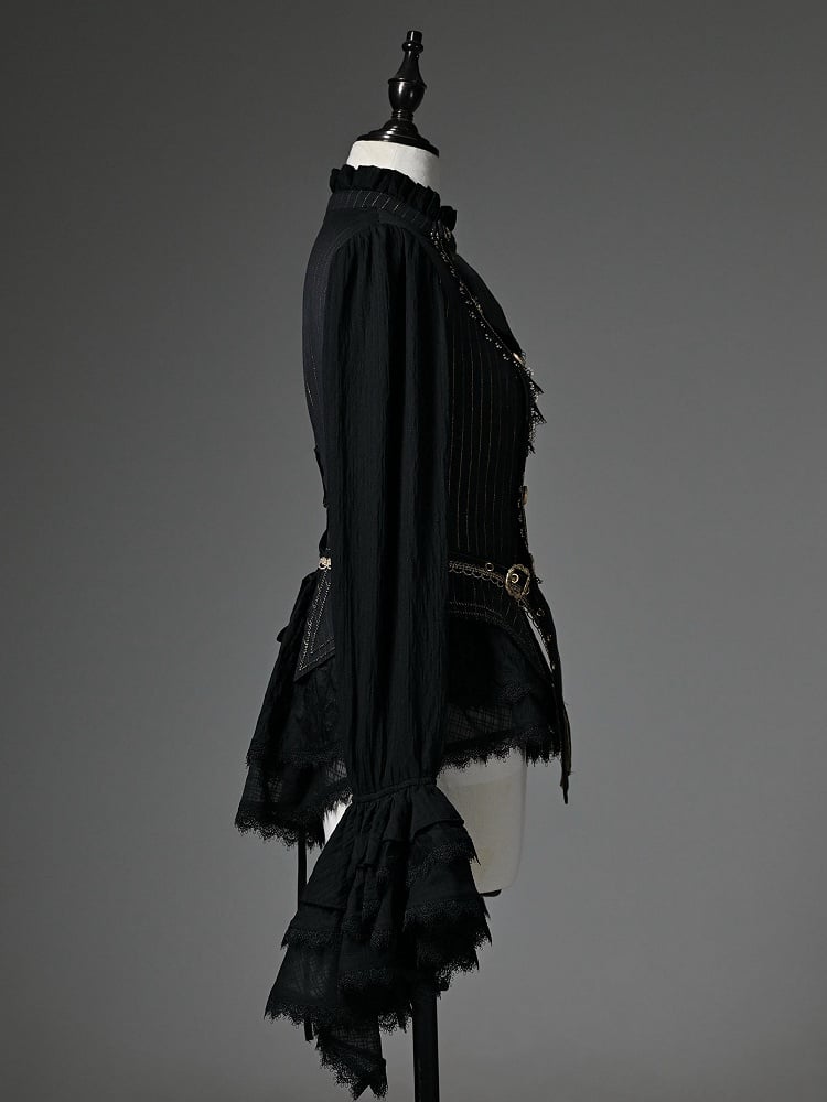 Black Jabot Ruffle Neckline Cadcading Ruffle Cuffs Long Sleeves Ouji Lolita Top