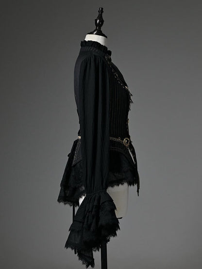 Black Jabot Ruffle Neckline Cadcading Ruffle Cuffs Long Sleeves Ouji Lolita Top