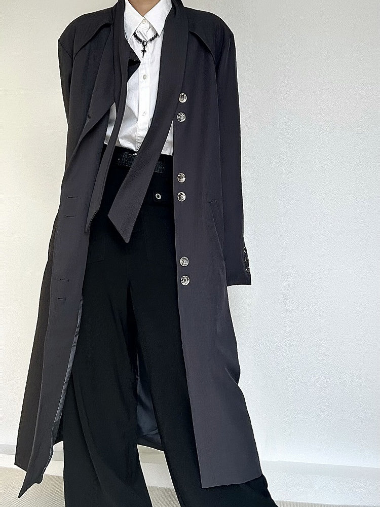 Ouji Lolita Gray Vintage Long Trench Coat with Button Cuffs & Tie Neck